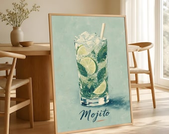Mojito Cocktail Poster, Vintage Drink Art, Mint Green Kitchen Decor