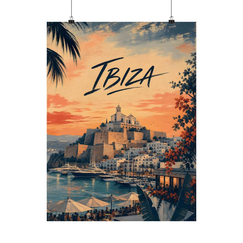 Ibiza Travel Poster, Spanish Island Wall Art, Mediterranean Sunset Decor image 2