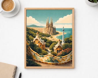 Impresión de póster de viaje de Barcelona, arte mural colorido de la ciudad, decoración de recuerdos de España, ilustración de arquitectura mediterránea