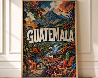 Guatemala Travel Art Print, Central America Coffee Culture Wall Decor, Vintage Style Poster