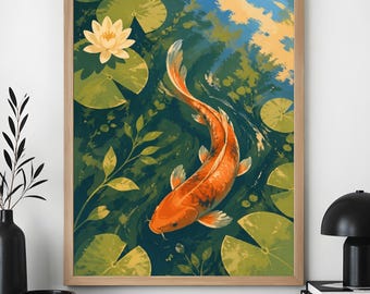 Cuadro de peces koi para pared, póster de estanque japonés, decoración de nenúfares