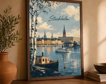 Stockholm Travel Poster, Vintage Swedish Waterfront Art, Scandinavian City Decor