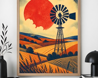 Impressão artística de moinho de vento em fazenda, decoração de parede com paisagem do Meio-Oeste, pôster retrô americano.