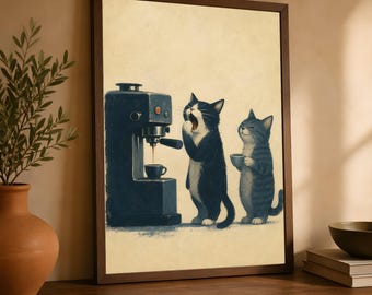 Coffee Cat Wall Art, Whimsical Espresso Machine Poster, Vintage Kitchen Decor