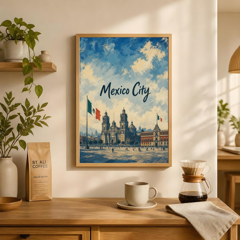 Reseaffisch i Mexico City, vintage väggkonst för Zócalo-katedralen bild 3