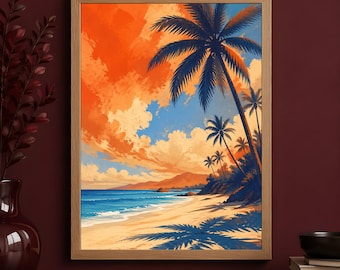 Tropischer Strand Wandbild, Palme Küsten Poster, Hawaiianischer Sonnenuntergang Dekor