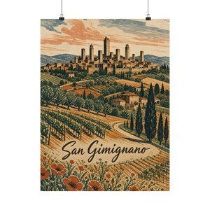San Gimignano Poster, Tuscan Landscape Linocut Wall Art image 2