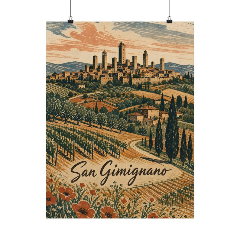 San Gimignano Poster, Tuscan Landscape Linocut Wall Art image 2