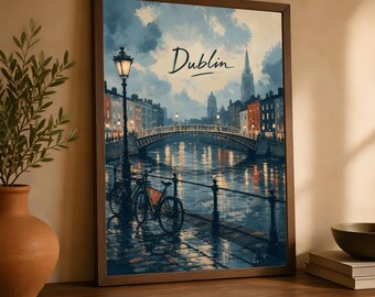 Dublin Wall Art, Ha'penny Bridge Travel Poster, Ireland Cityscape Decor
