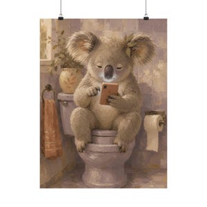 Koala Bathroom Wall Art, Funny Animal Matte Poster, Lavender Toilet Decor image 2