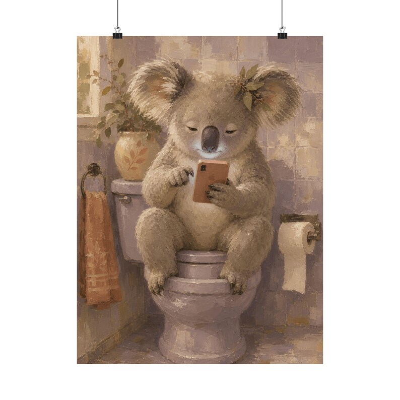 Koala Bathroom Wall Art, Funny Animal Matte Poster, Lavender Toilet Decor image 2