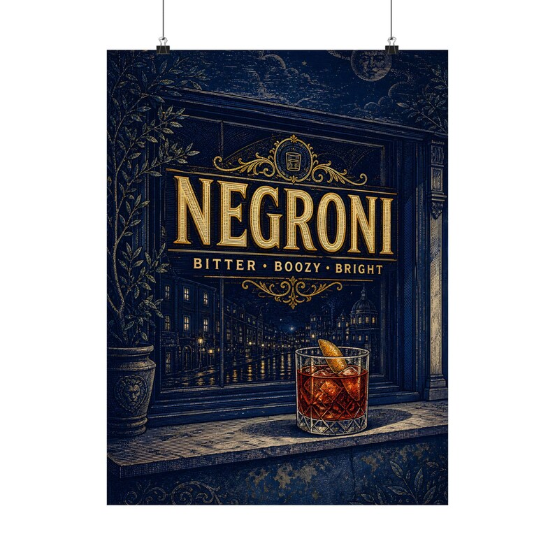 Negroni Cocktail Art Print, Vintage Bar Decor, Italian Aperitif Wall Art image 2