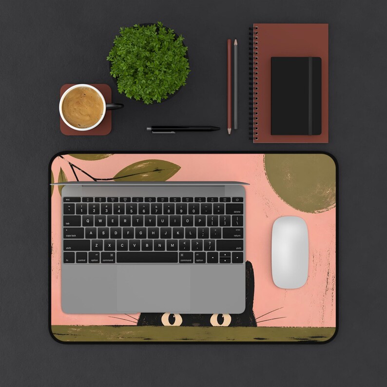 Tappetino da scrivania con gatto nero che sbircia / Tappetino per mouse con motivo botanico rosa immagine 6