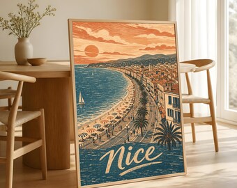 Plakat Nice France, sztuka podróżnicza po Lazurowym Wybrzeżu, wystrój nadmorski w stylu vintage linoryt