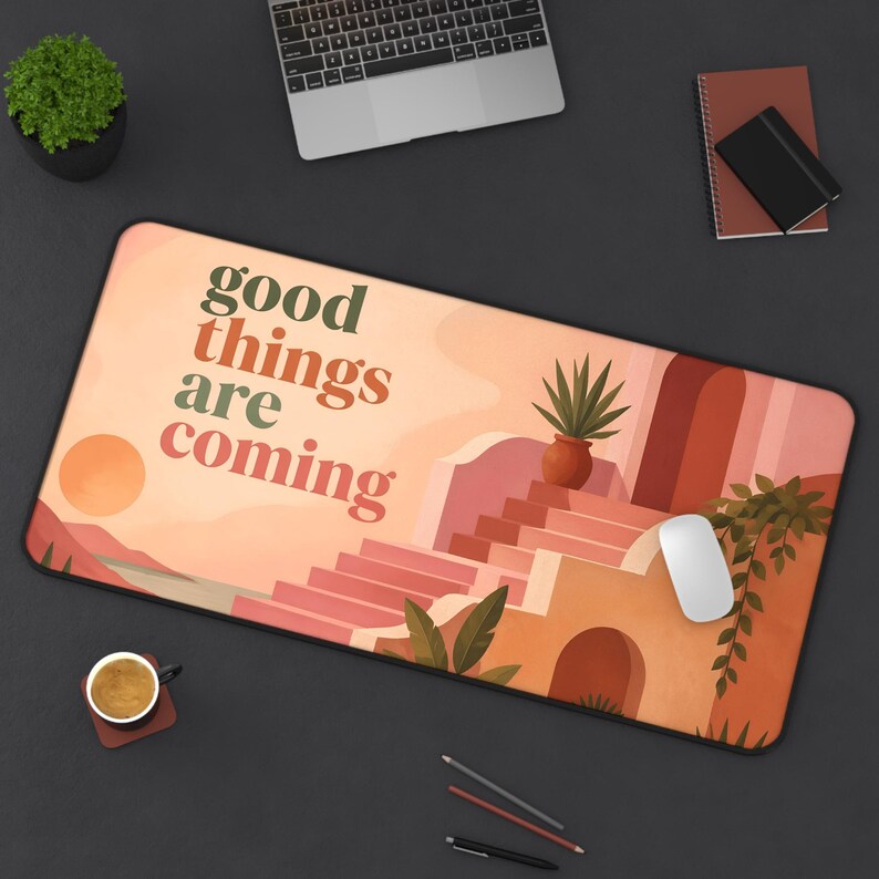 Alfombrilla de ratón motivacional para oficina, alfombrilla de escritorio con el mensaje "Se avecinan cosas buenas". imagen 5