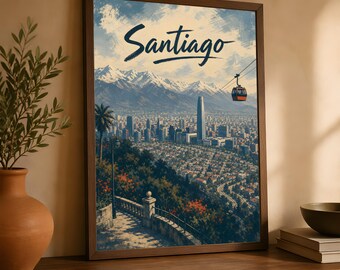 Santiago Chile Poster, Vintage Travel Wall Art, Andes Mountain Decor