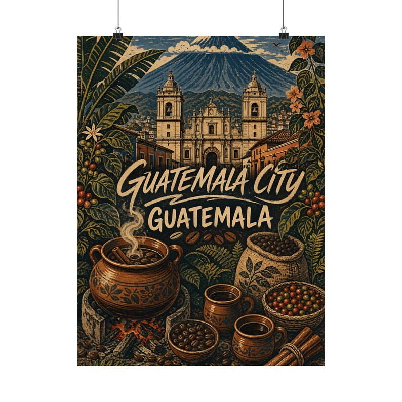 Guatemala City Poster, Vintage Coffee Travel Art, Guatemalan Kitchen Decor image 3