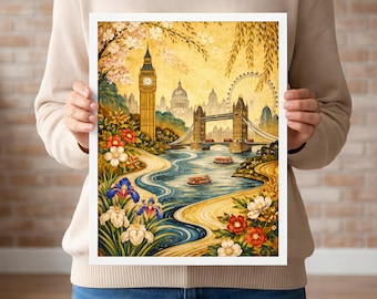 London Big Ben Red Bus Rainy Street Watercolor Print, Cityscape Decor