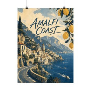 Amalfi Coast Poster, Vintage Italian Travel Art, Mediterranean Coastal Decor image 2