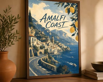 Amalfi Coast Poster, Vintage Italian Travel Art, Mediterranean Coastal Decor