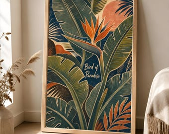 Affiche Oiseau de Paradis, décoration murale tropicale vintage, style jungle botanique