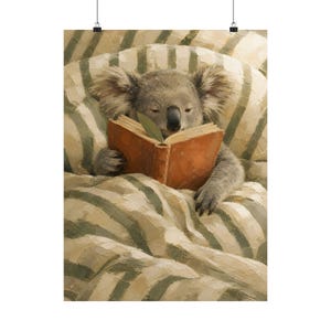 Reading Koala Wall Art, Cozy Animal Portrait, Storybook Nursery Decor image 2