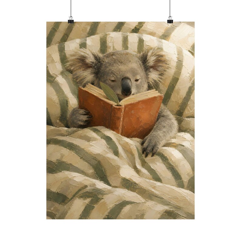 Reading Koala Wall Art, Cozy Animal Portrait, Storybook Nursery Decor image 2