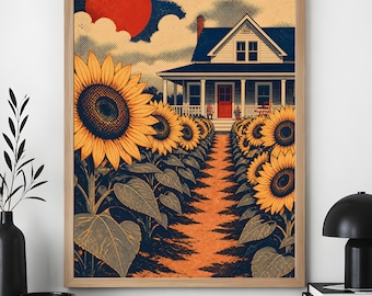 Arte de parede para casa de campo com campo de girassóis, decoração de paisagem rural, pôster vintage do campo.