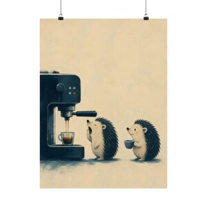 Hedgehog Coffee Wall Art, Whimsical Espresso Machine Matte Poster image 3