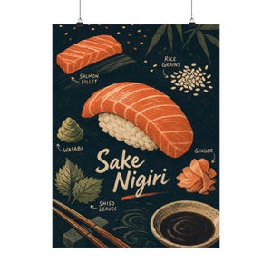 Salmon Nigiri Poster, Japanese Food Guide, Scandinavian Linocut Kitchen Art image 3
