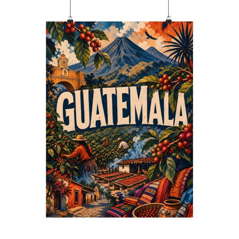 Guatemala Travel Art Print, Central America Coffee Culture Wall Decor, Vintage Style Poster image 2