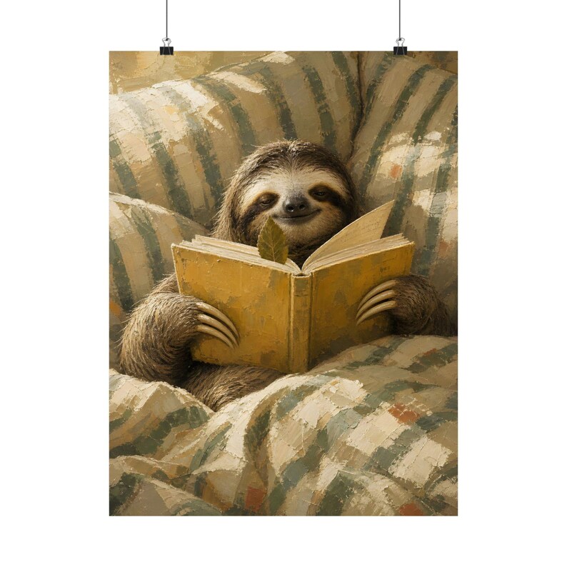 Reading Sloth Wall Art, Cozy Animal Poster, Whimsical Bedroom Decor image 2