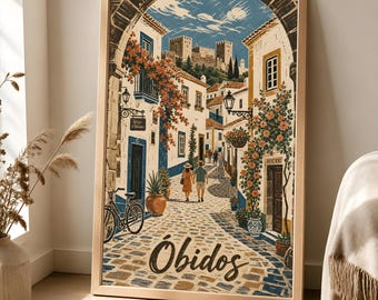 Óbidos Travel Poster, Portuguese Village Linocut Wall Art