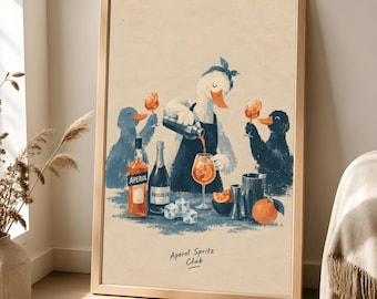 Aperol Spritz Poster, Duck Cocktail Art, Retro Bar Decor