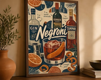 Poster con la ricetta del Negroni, decorazione murale scandinava in linoleum per cocktail bar.