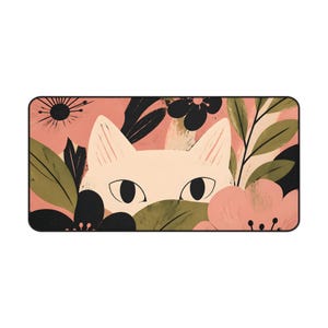 Alfombrilla de escritorio floral con diseño de gato espiando / Alfombrilla de ratón botánica rosa imagen 2