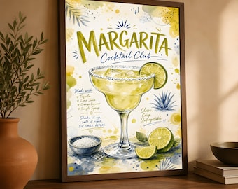 Margarita Cocktail Club Print, Kitchen Bar Cart Wall Art, Drink Recipe Poster