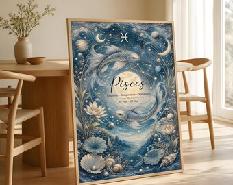 Pisces Zodiac Poster, Celestial Underwater Astrology Wall Art