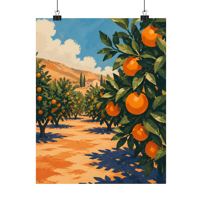 Orange Grove Poster, Mediterranean Landscape Wall Art, Italian Countryside Decor image 2