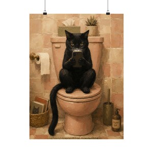 Black Cat Bathroom Poster, Funny Phone Cat Art, Pink Toilet Decor image 2