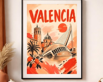 Valencia Travel Art, Spain Cityscape Poster, Orange Grove Vintage Print