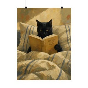 Póster de gato negro leyendo, arte acogedor para el dormitorio, decoración literaria de gatos imagen 2