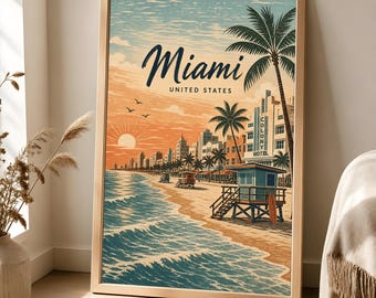 Miami Poster, Vintage South Beach Travel Art, Coastal Florida Decor