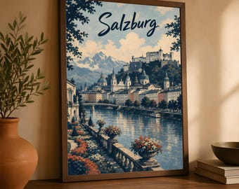Salzburg Poster, Vintage Austria Travel Art, European Cityscape Decor