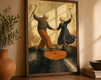 Affiche représentant un couple de personnes âgées dansant, illustration de disque vinyle, décoration murale nostalgique musicale