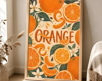Orange Poster, Vintage Citrus Kitchen Wall Art, Retro Fruit Decor
