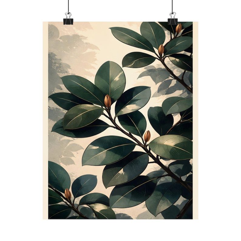 Magnolienblatt Matte Poster, Vintage botanische Wandkunst, stimmungsvolles grünes Naturdekor Bild 2