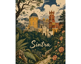 Pena Palace Poster, Sintra Portugal Travel Art, Scandinavian Linocut Decor