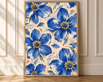 Blue Floral Wall Art, Painterly Botanical Matte Poster