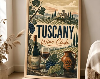 トスカーナワインクラブポスター、イタリアのブドウ畑の壁掛けアート、ヴィンテージ旅行プリント